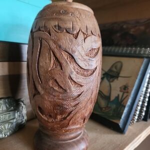 Carved Wooden Decorative Vase - Rustic Brown